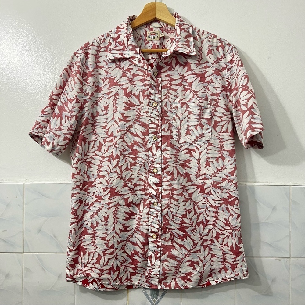 Faherty Men’s M Cotton Hawaiian Short Sleeve Button Up Shirt Red Tropical Casual